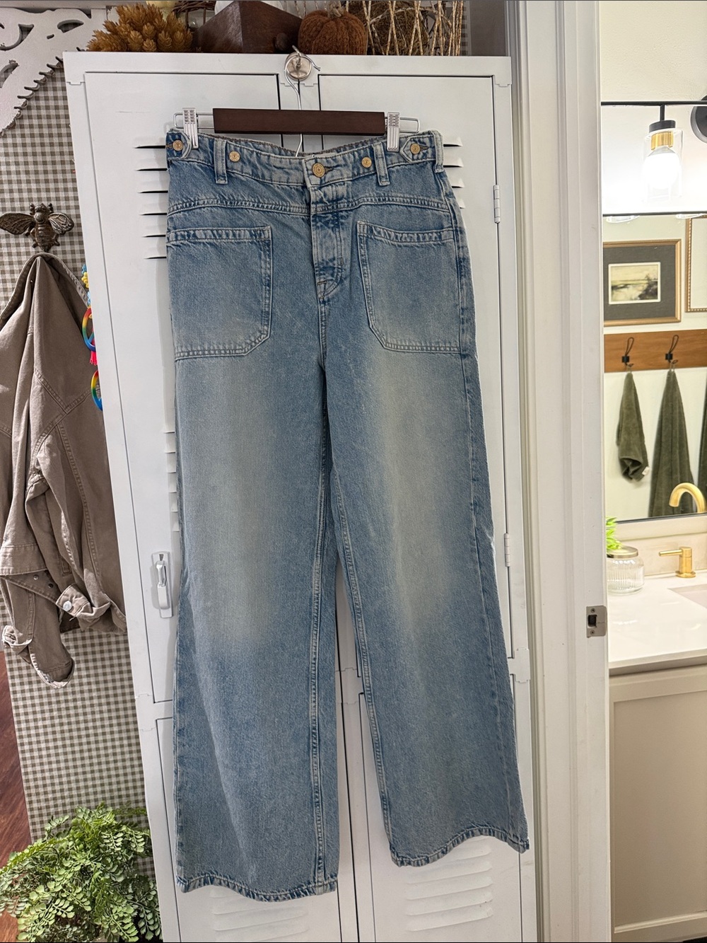 Free People Light Blue Wide-Leg Jeans with Patch Pockets